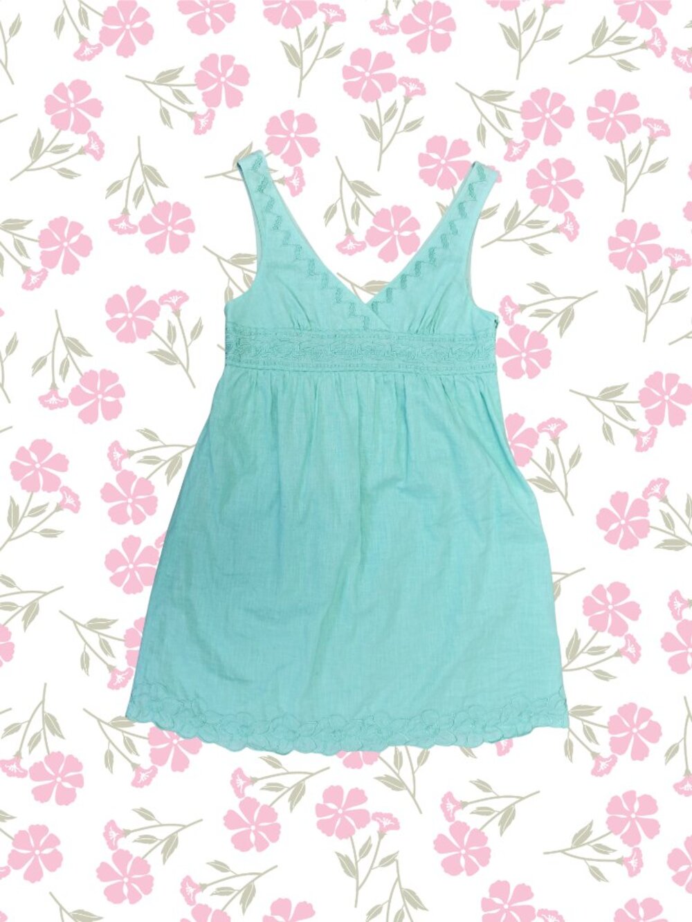 Vintage Linen and Rayon Teal Embroidered Baby Doll Mini Dress No Brand